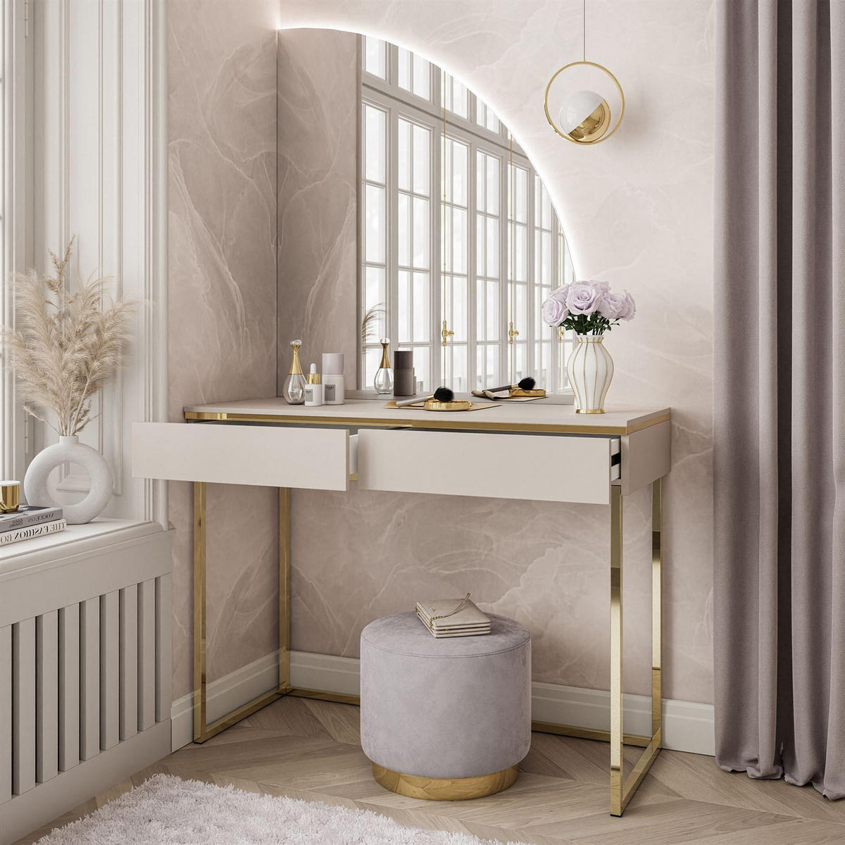 SCHMINKTISCH AURORA-Q GOLD auf goldenem Gestell mit rechts Spiegel - Kaschmir/Goldfarben, Holzwerkstoff/Metall (102/174/44cm) - Lookway