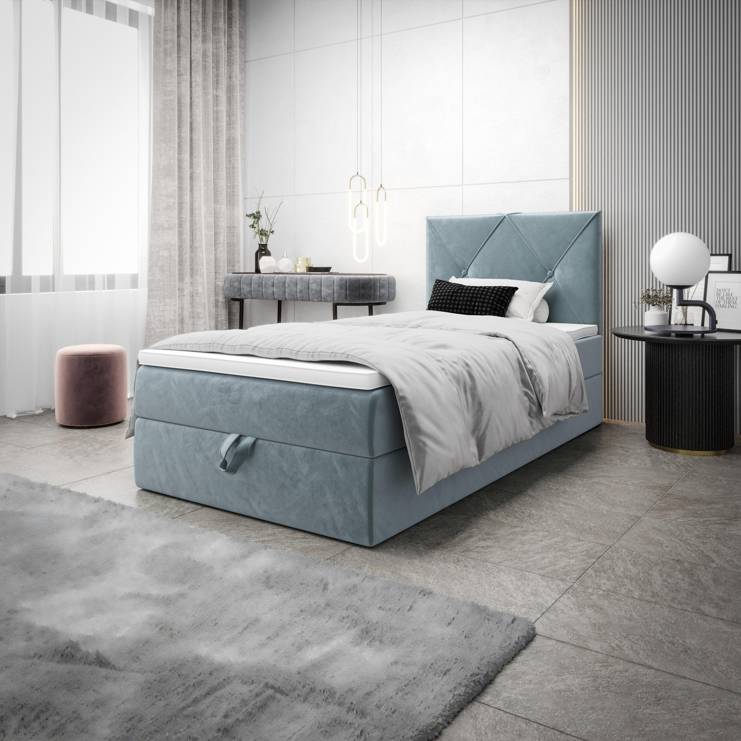 BOXBETT ALTEA 80x200, mit Matratze H3, Bonell und Topper Monolith 72 - Blau, Textil (80/200cm) - Bedante
