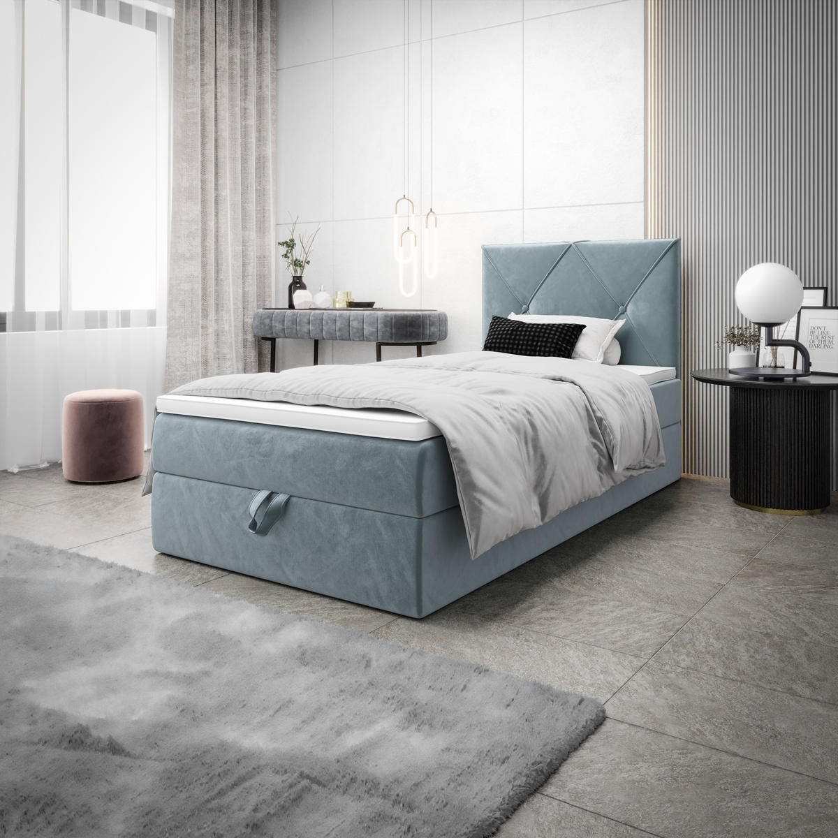 BOXBETT ALTEA 90x200 Monolith 72, mit Matratze H3, Bonell und Topper, Blau - Blau, Holz/Kunststoff (90/200cm) - Bedante