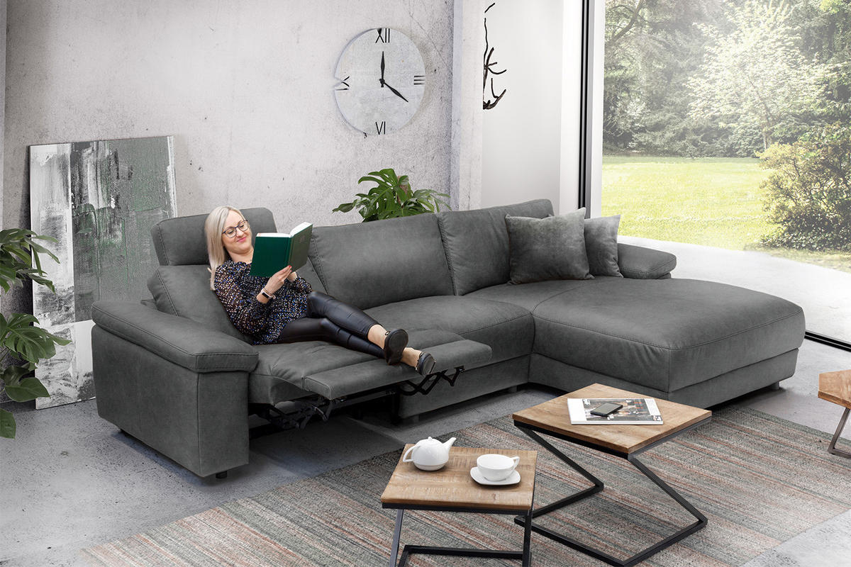 ECKSOFA XL MOTOR. RELAXFUNKTION LOLA Grau Leder - Schwarz/Grau, Leder (304/178cm) - KAWOLA