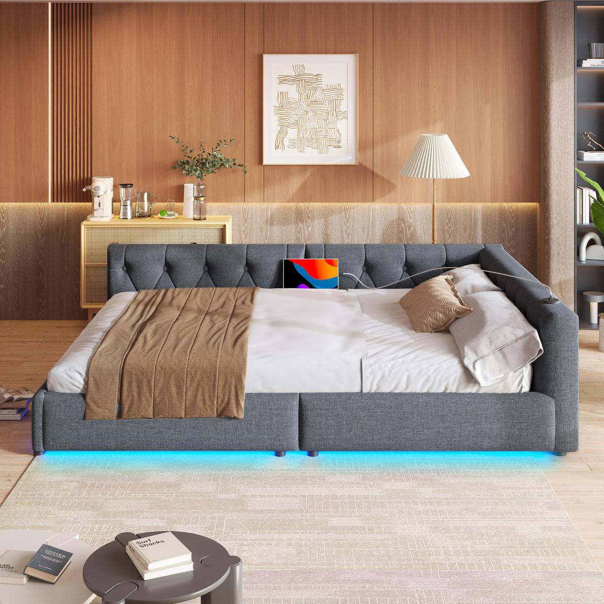 SCHLAFSOFA 140x200cm Grau Leinen LED-Licht Kopfteil USB-C - Grau, Holz (140/200cm) - FLIEKS