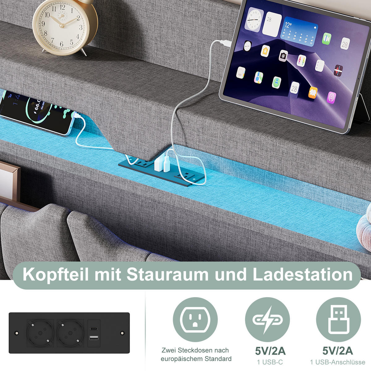 POLSTERBETT 140x190 cm Hellgrau Leinen LED USB Kopfteil Bettkasten - Grau, Holz (140/190cm) - SHOPENTRA