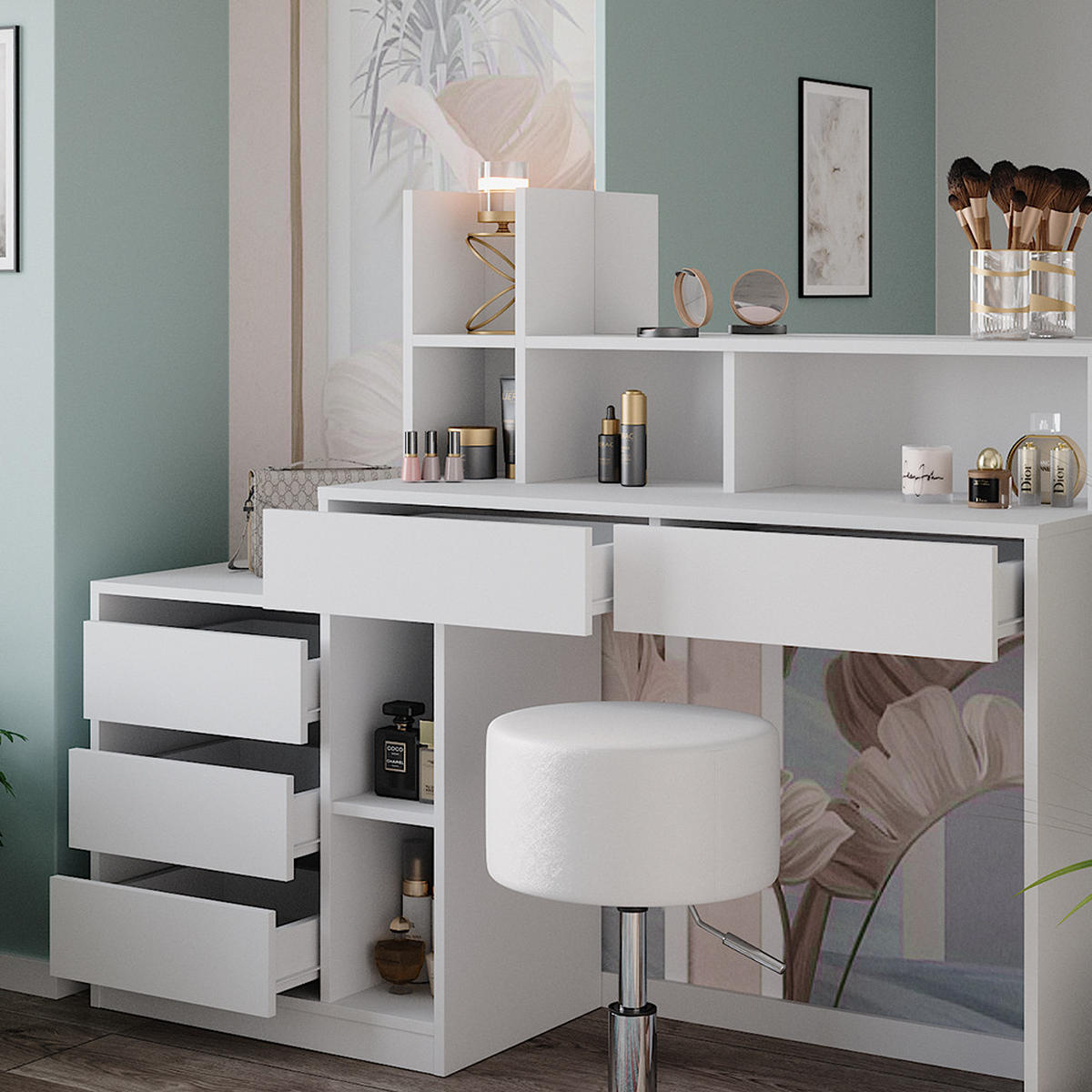 SCHMINKTISCH Anja Weiß 139.8 cm mit Hocker - Weiß, Holzwerkstoff (139.8/115/40cm) - Vicco