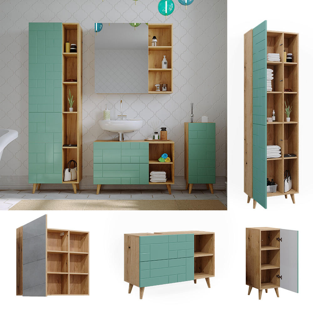 BADMÖBEL-SET Rudi Mintgrün 4 Teile, mit Hochschrank - Eichefarben/Mintgrün, Holzwerkstoff (90/59/32cm) - Vicco
