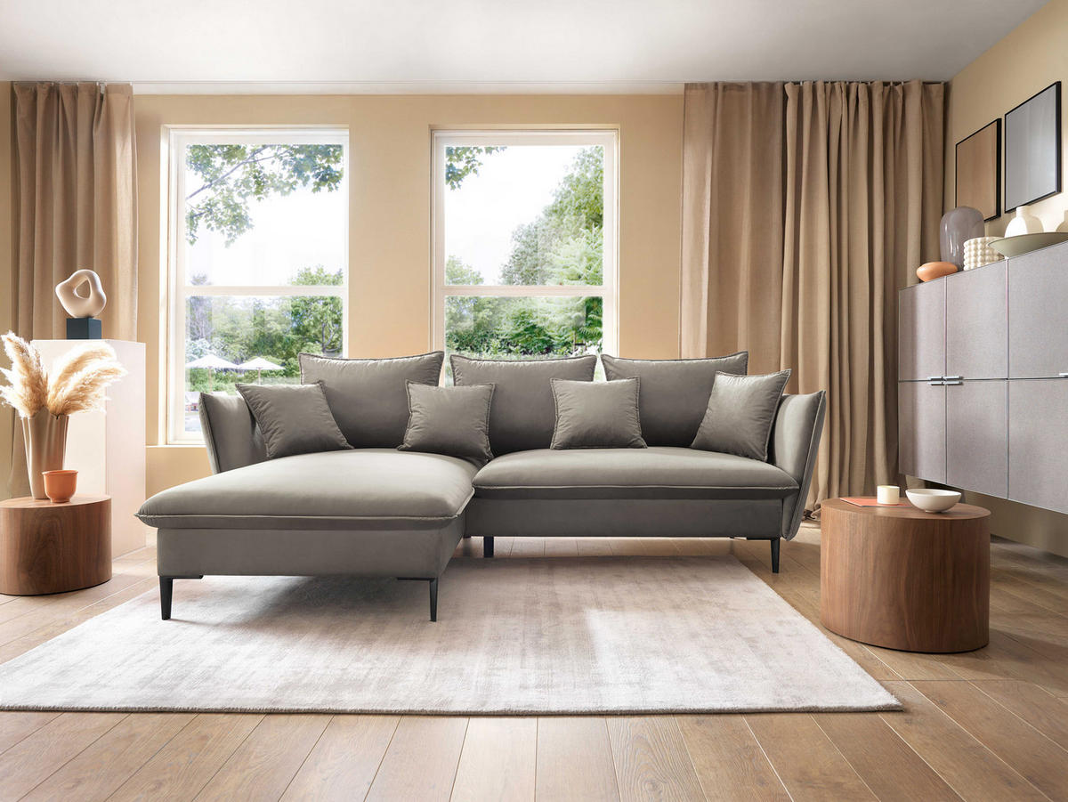 ECKSOFA GLOSS mit Schlaffunktion, Ottomane & goldenen Füßen – Samtsofa im GLOSSour-Stil mit Zierkissen, 258x167x91cm, Linke, GRÜN - Beige, Holz/Textil (167/258cm) - DomoHome