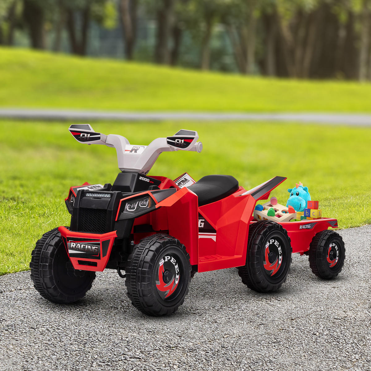 KINDERQUAD Kinder Elektro-Quad 6V Elektroauto mit Anhänger, 2,5 km/h Metall Rot - Rot, Metall (106/41.5/48.5cm) - HOMCOM
