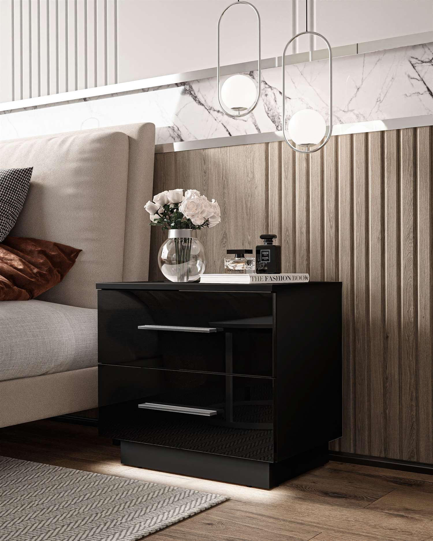 NACHTTISCH LINA mit Chromgriffen, Hochglanz, LED - Schwarz, Holzwerkstoff (55/50/37cm) - Lookway