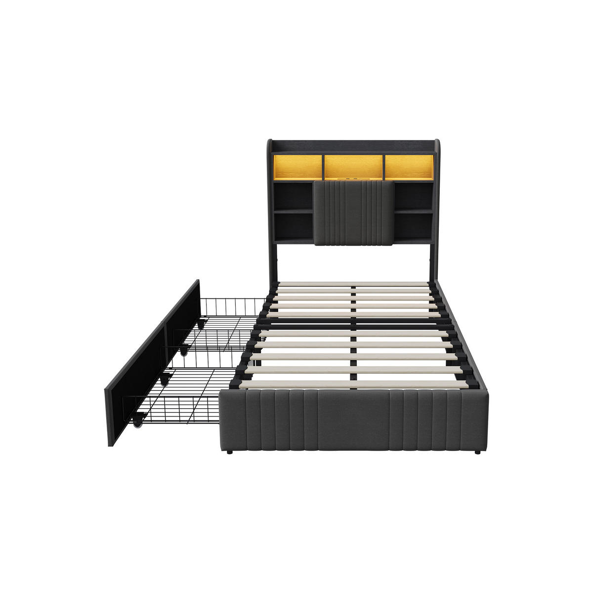 POLSTERBETT 90x200 cm LED USB 2 Schubladen Stauraum Kopfteil Leinen grau - Grau, Holz (90/200cm) - LEBENLANG