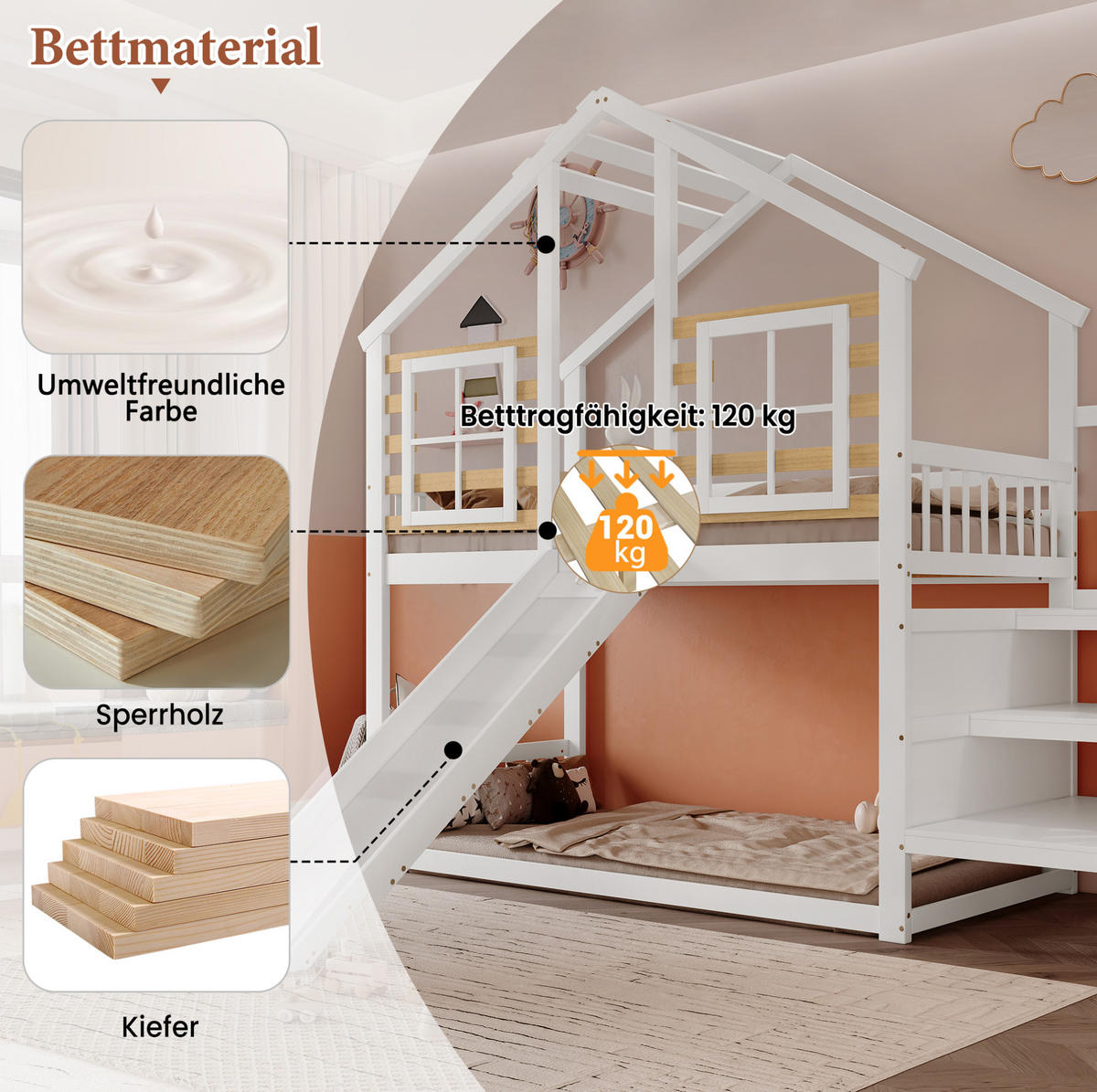 ETAGENBETT mit Treppe, Gitter, Rutsche und Fenster 90/200 cm, Weiß/Natur - Weiß, Holz (90/200cm) - MIVRAY