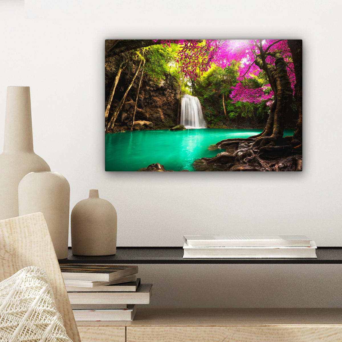 LEINWANDBILD Wasserfall mit bunten Blumen und Bäumen - Natur - Dschungel Deko Schlafzimmer 30x20 cm - Waldgrün, Textil (30/20cm) - MuchoWow