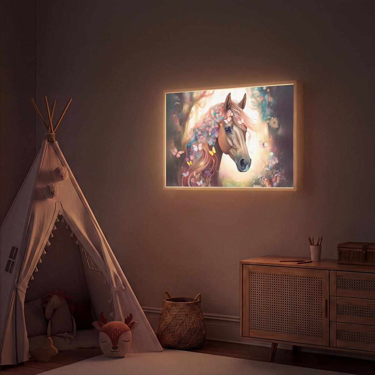 NÁSTĚNNÁ LAMPA S AKUMULÁTOREM Kůň - Příroda - Květiny - Motýli - Les 90x60 cm - tmavě hnědá, kompozitní dřevo (90/60/8cm) - OnlyWow