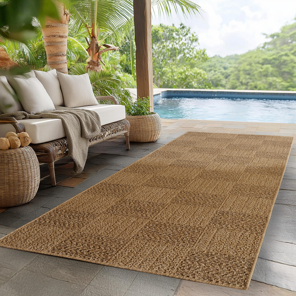 TEPPICH In-/Outdoor Jute-Optik Flachgewebe Kariert Polypropylen Beige Läufer 80x250 - Beige, Textil (80/250cm) - KADIMA DESIGN