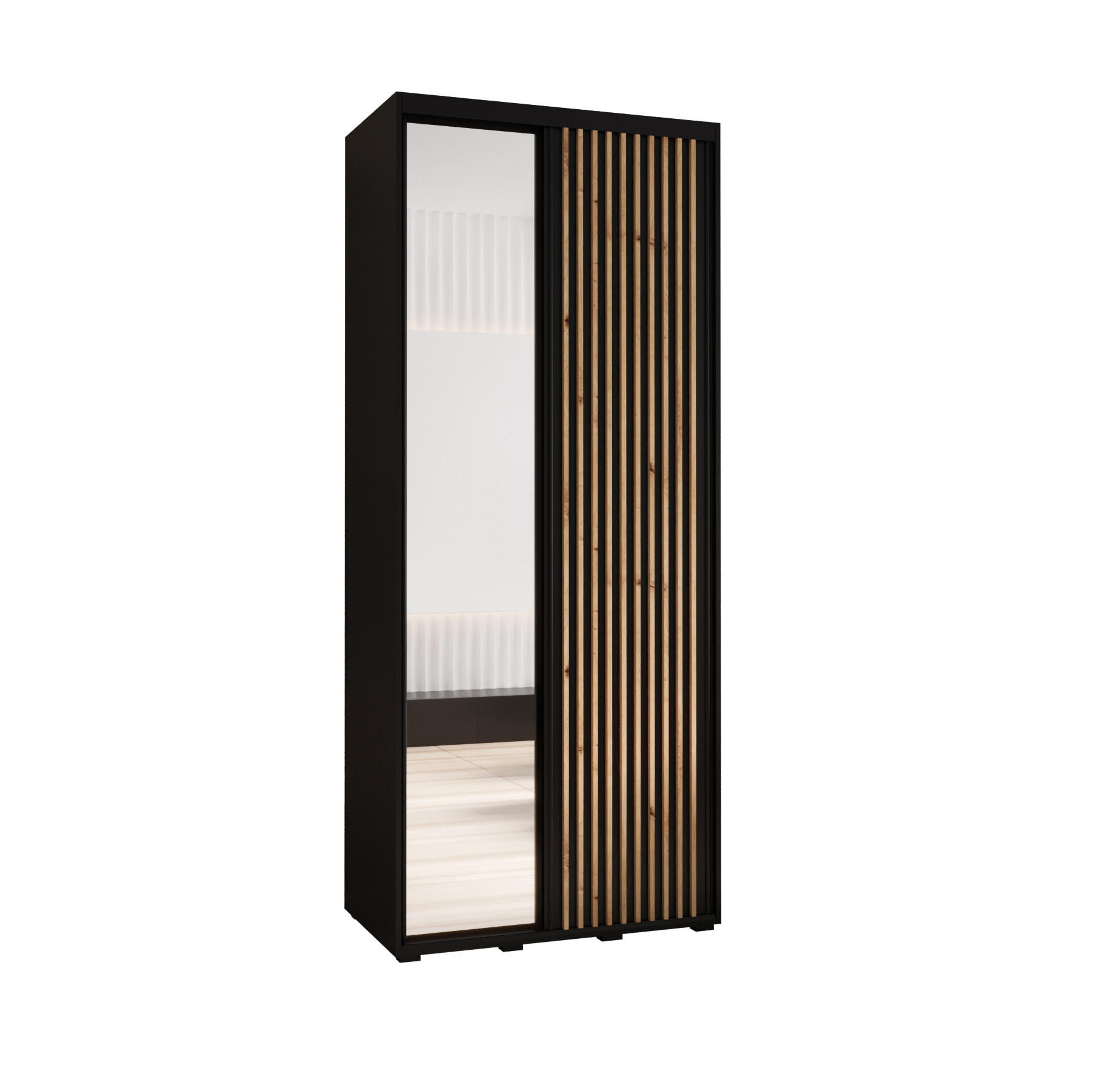 Abiks Möbel Schwebetürenschrank Schwarz, Schwarz, Eiche Artisan 110x235x45 cm
