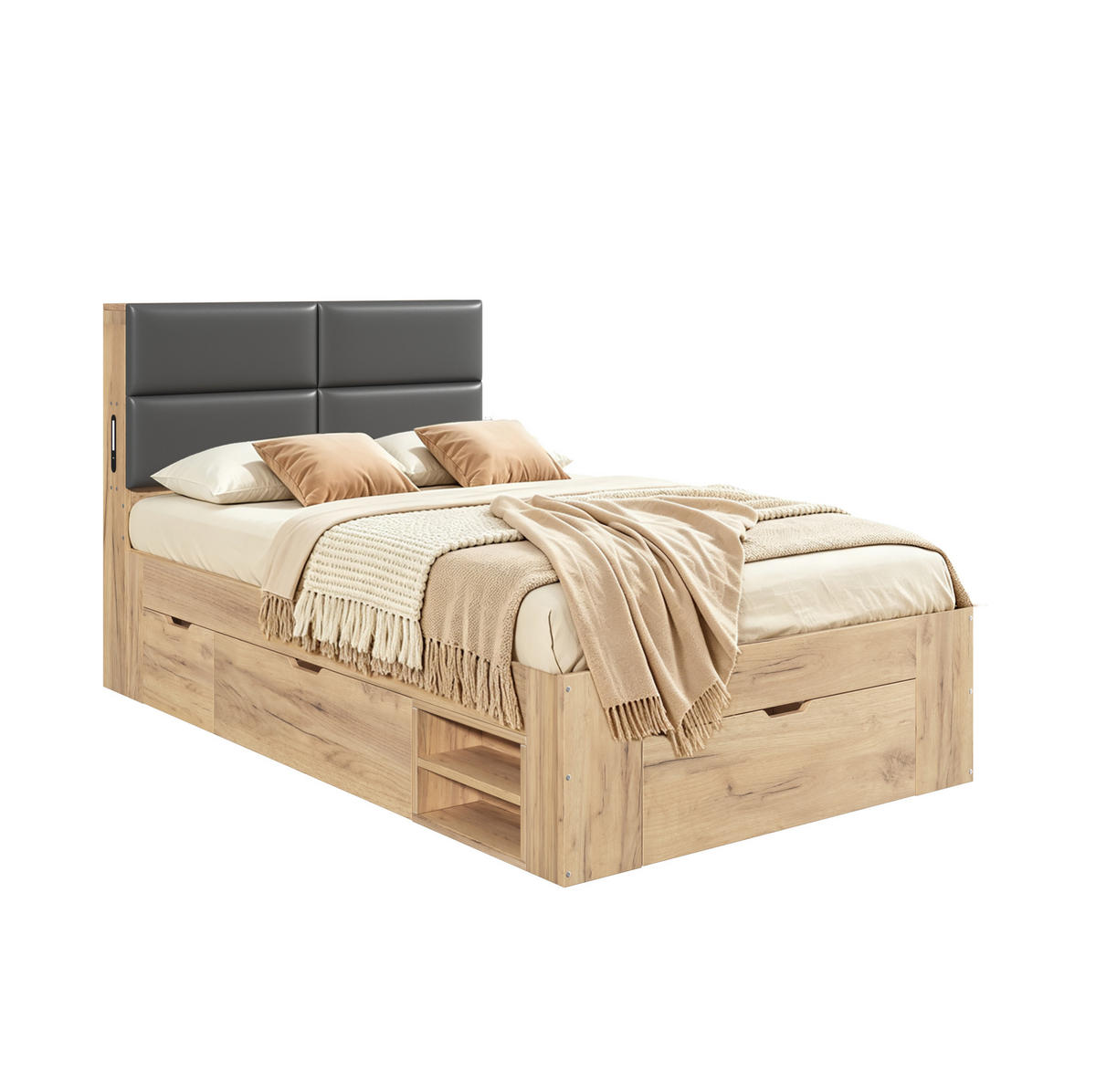 EINZELBETT aus MDF 90x200 cm Natur mit Schubladen, USB- und USB-C-Anschlüssen - Eichefarben, Holzwerkstoff (90/200cm) - Modfu