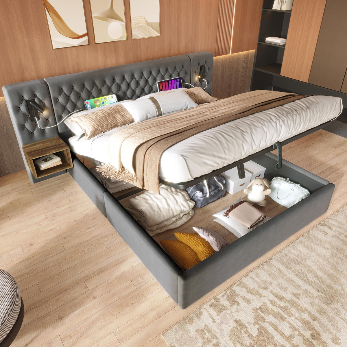 POLSTERBETT 160/200 cm Grau Hydraulisch Stauraumbett mit 2 Nachttischen und Leselicht Mit Matratze - Grau, Textil (160/200cm) - OKWISH