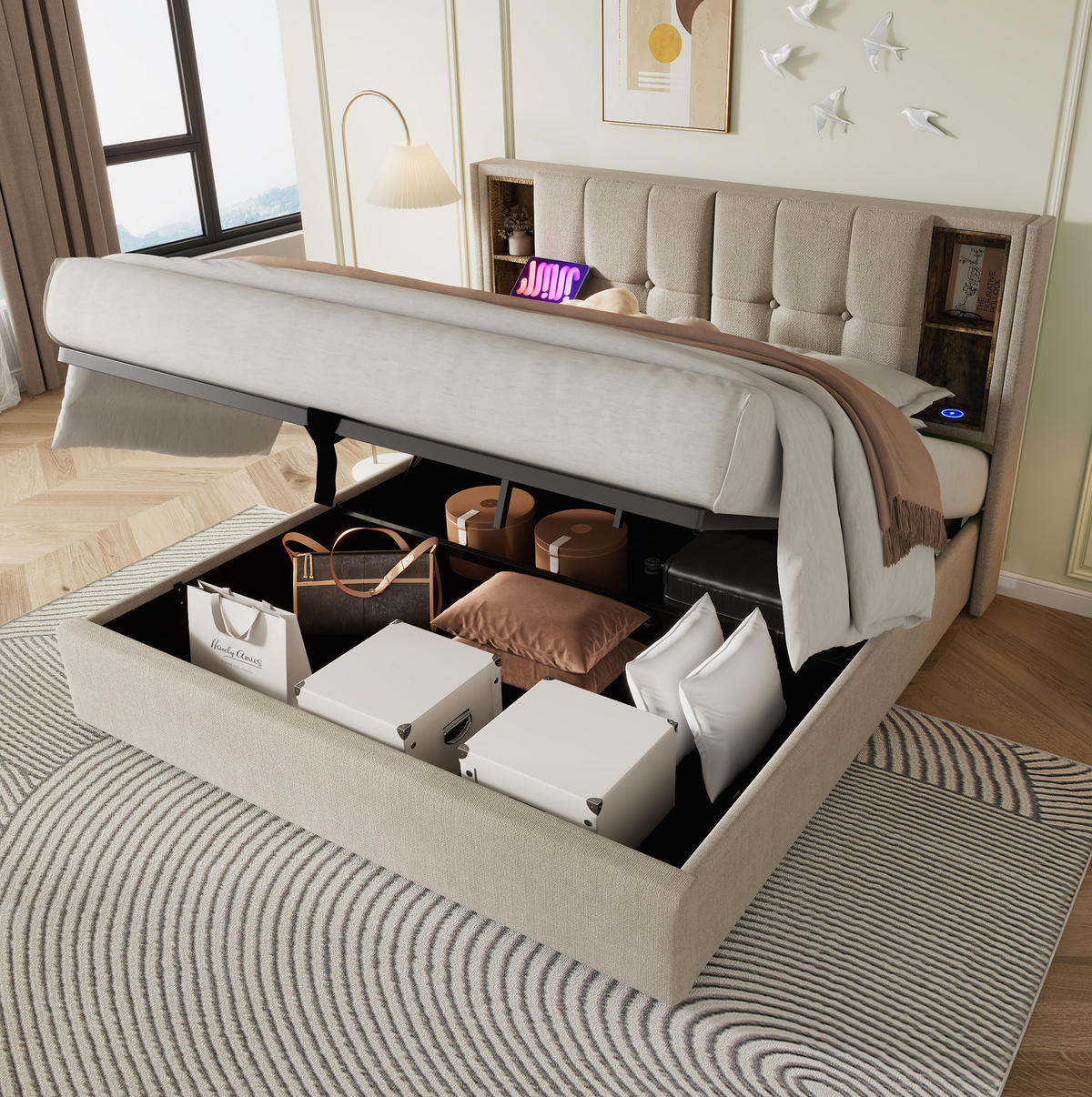 POLSTERBETT 140/200 cm mit kabellosem Laden, USB-C, Matratze, Bettkasten und Leinenbezug, Natürlich - Naturfarben, Textil (140/200cm) - Redom