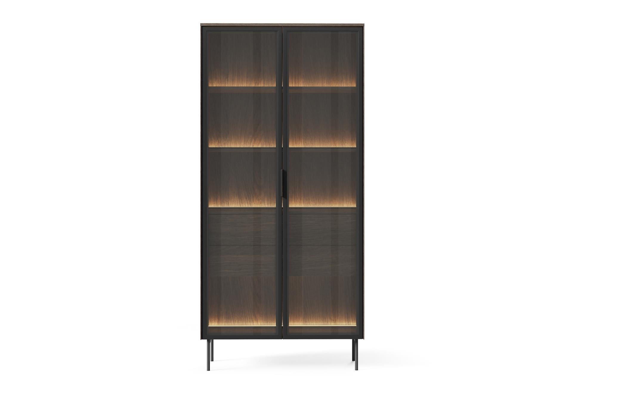 VITRINE Ilumi Eiche Dunin, Zweitürige Hochvitrine - Eichefarben/Schwarz, Holzwerkstoff/Metall (92/195/39cm) - Bettso