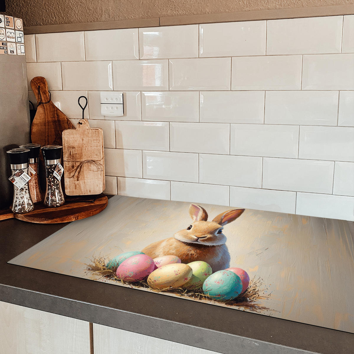 HERDABDECKPLATTE Osterhase - Pastell - Eier Induktionsmatte 83x51 cm - Beige, Kunststoff (83/51.5/0.2cm) - MuchoWow