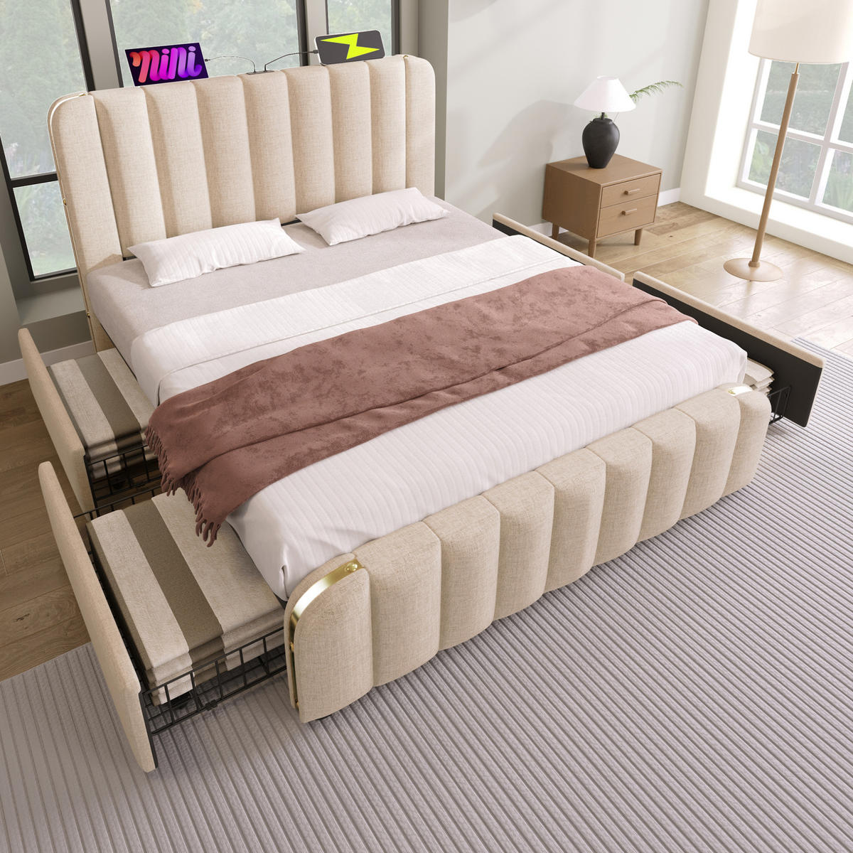 POLSTERBETT 140/200 cm inkl. Matratze, USB-C und 4 Schubladen in Beige - Beige, Textil (140/200cm) - BEAOK