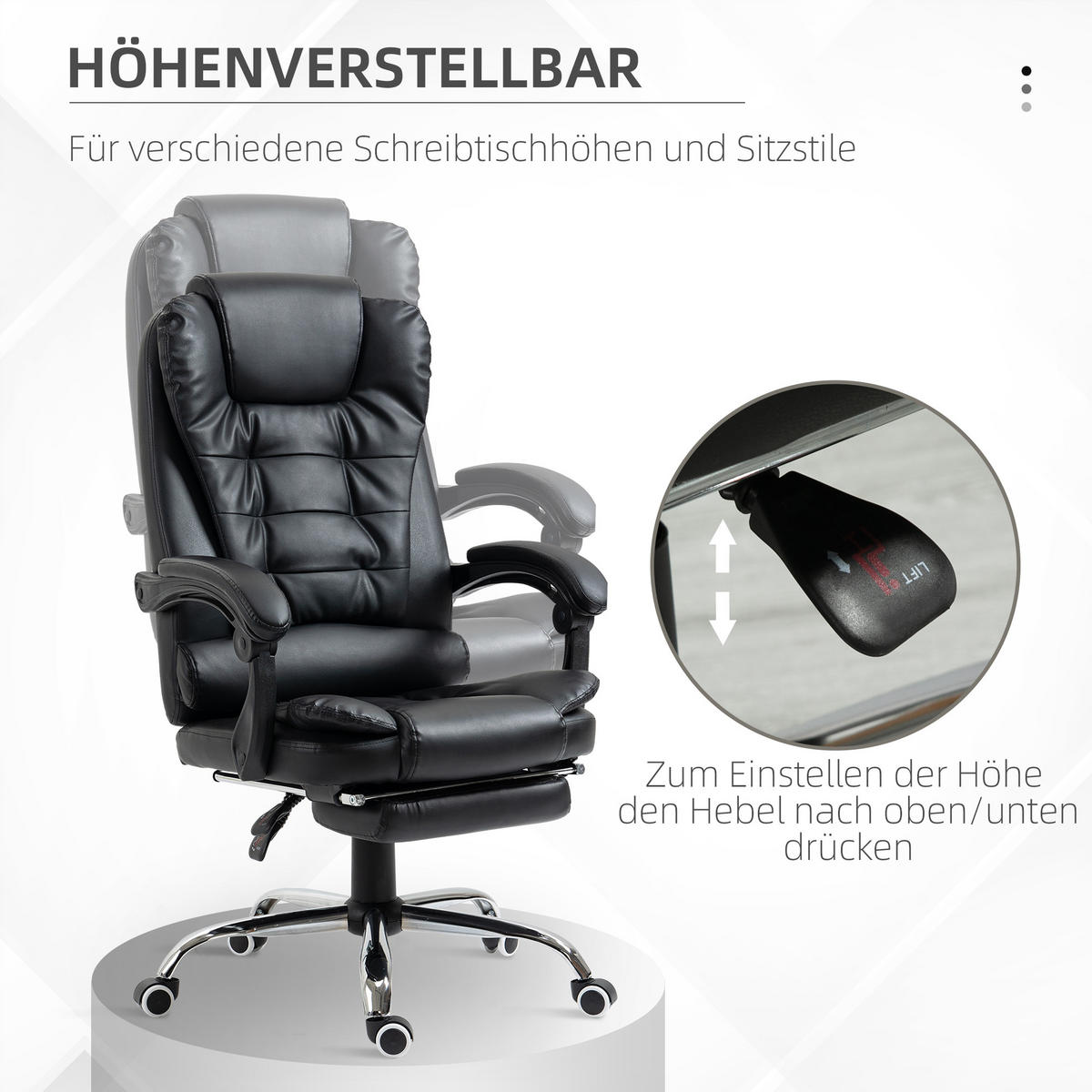 CHEFSESSEL Bürostuhl mit Fußstütze, Schreibtischstuhl mit Neigefunktion Schwarz - Schwarz, Kunststoff (64.5/117/69cm) - HOMCOM