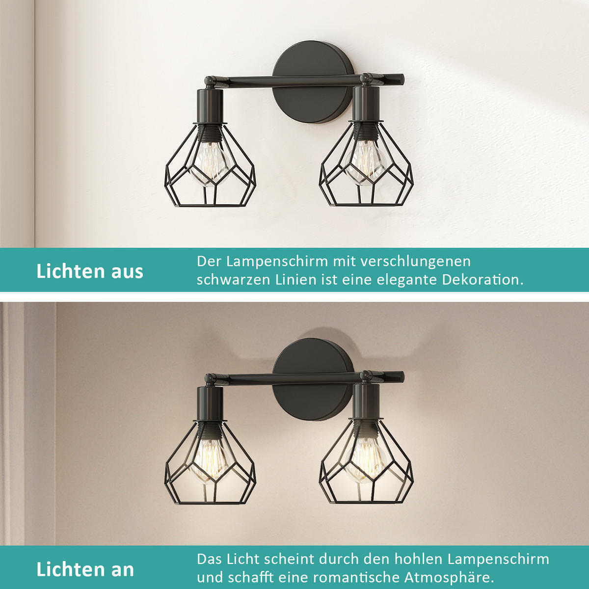 WANDLAMPE 2pcs Industrial Schwarz Aus Eisen 12/20 cm - Schwarz, Metall (12/25/25cm) - EMKE