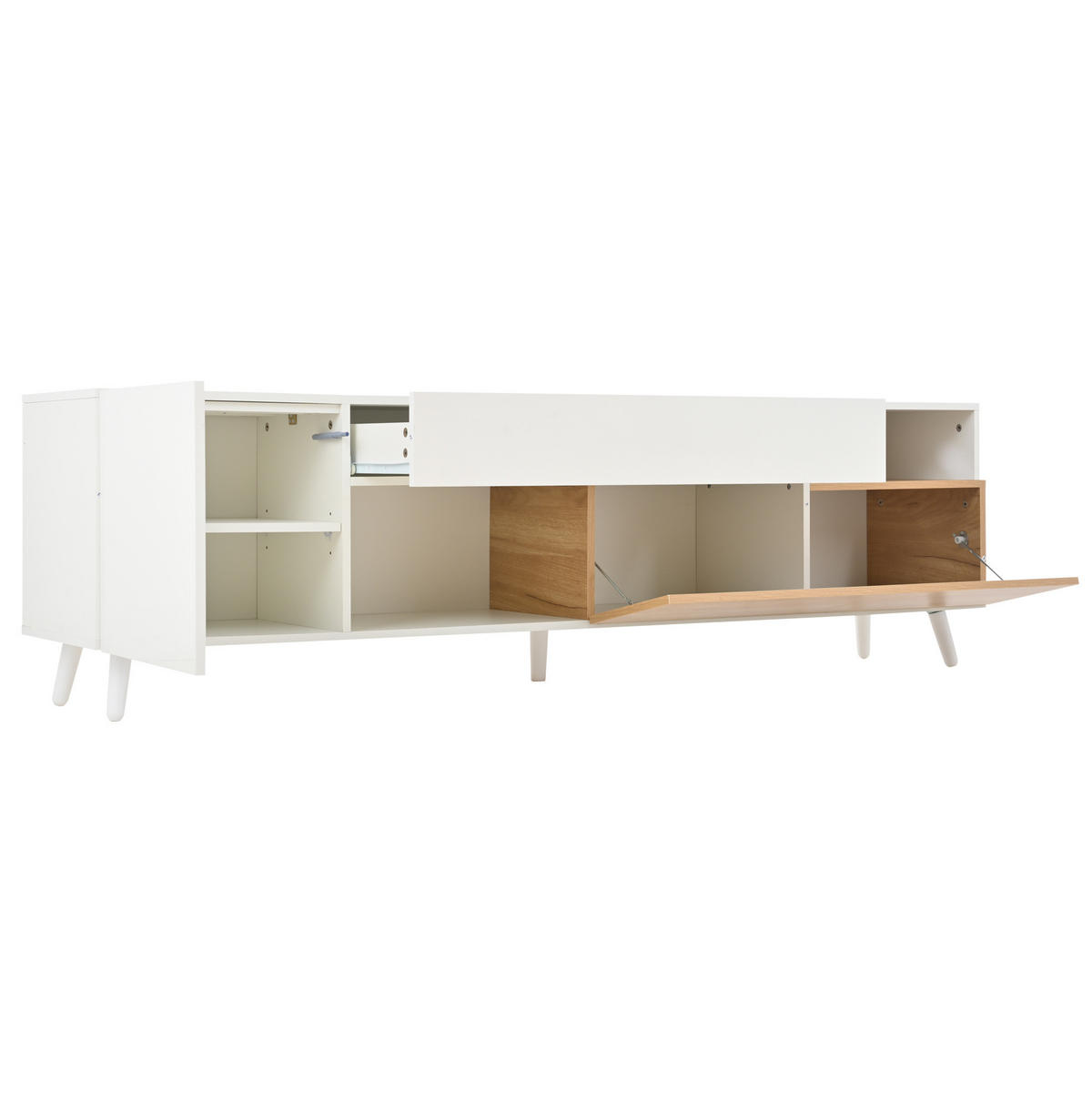 TV ormarić 180/38/50 cm bijeli i boje prirodnog drva od iverala s visokim sjajem i ladicom - svijetlo smeđa, drvni materijal (180/50/38cm) - OKWISH