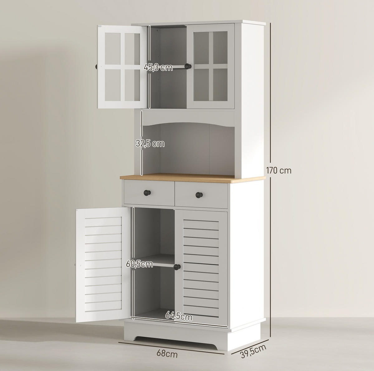 BUFFET aus MDF und Kautschukholz 68x39,5x170 cm Weiß mit verstellbaren Regalen, Lamellentüren und 2 Schubladen - Weiß, Holzwerkstoff (68/170/39.5cm) - Modfu