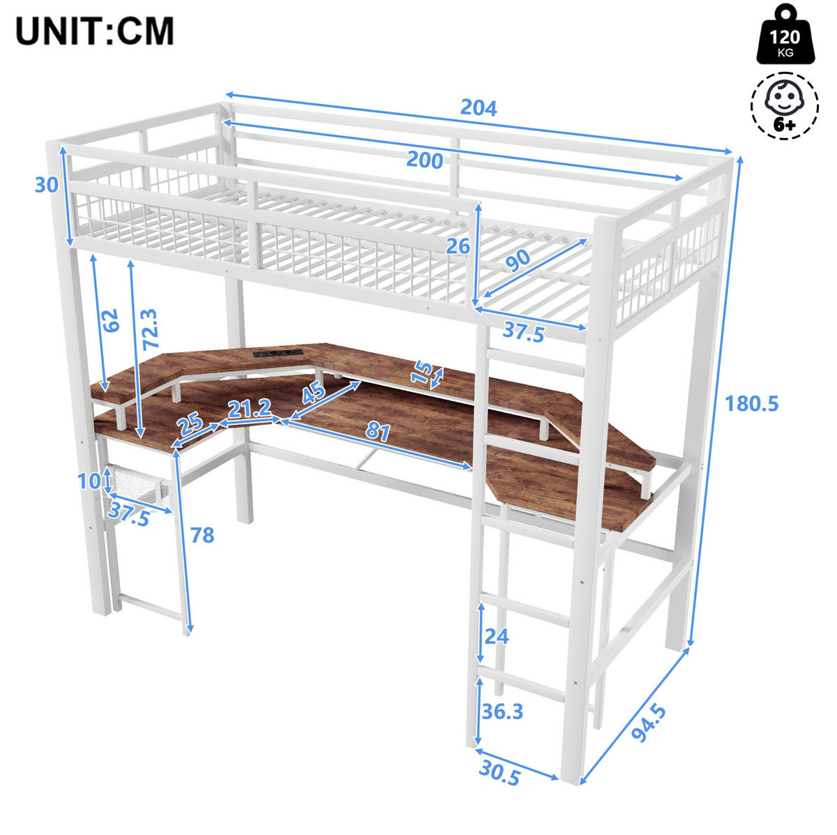 HOCHBETT aus Metall und MDF 90x200 cm Weiß mit Schreibtisch, LED-Lichtleiste, USB, Typ-C, Steckdosen und Lochwand - Weiß, Metall (90/200cm) - Modfu