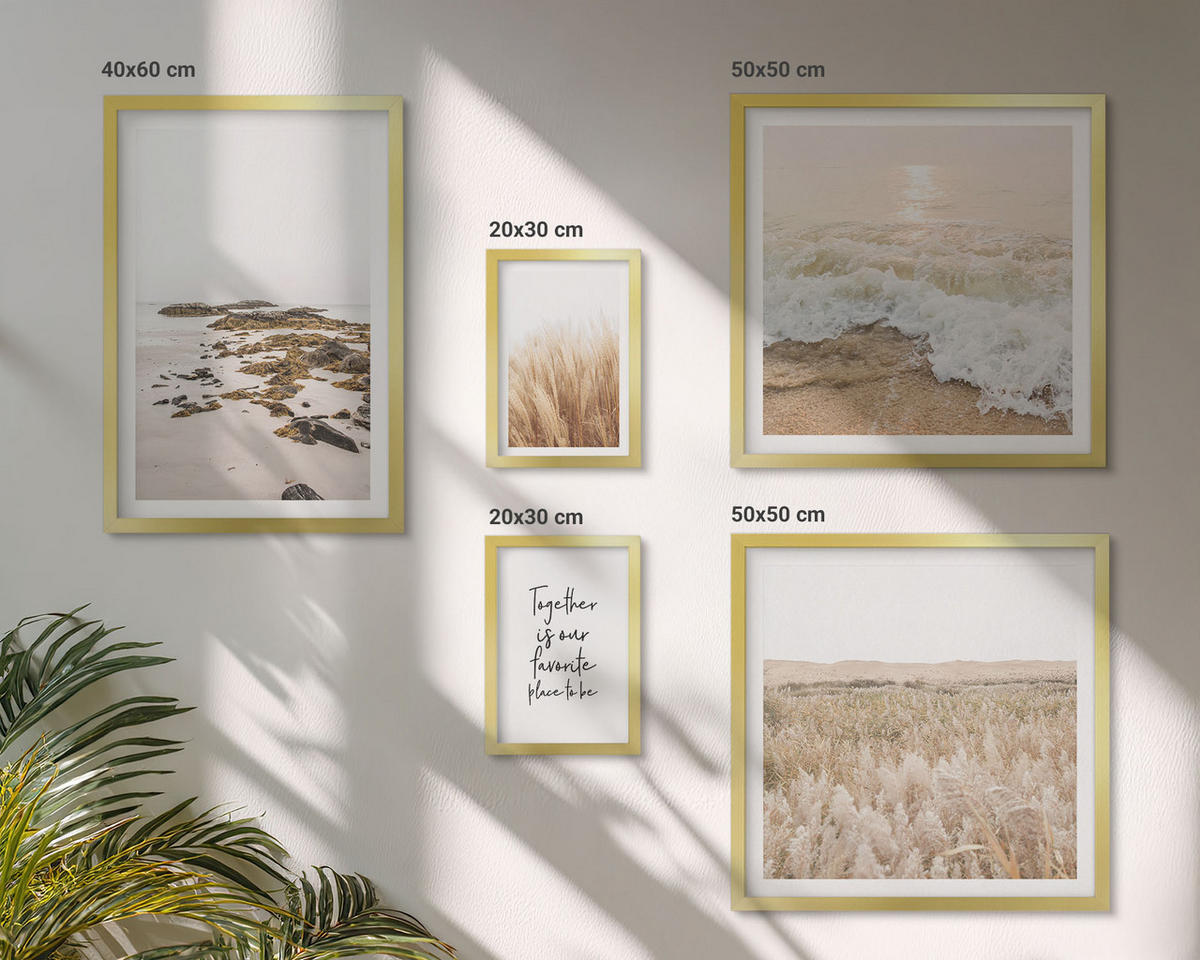 BILDER SET 5er Set - 50x50 cm & 20x30 cm & 40x60 cm Goldrahmen - Wiesen, Strand, Boho-Stil - Goldfarben, Kunststoff (40/60cm) - TULUP