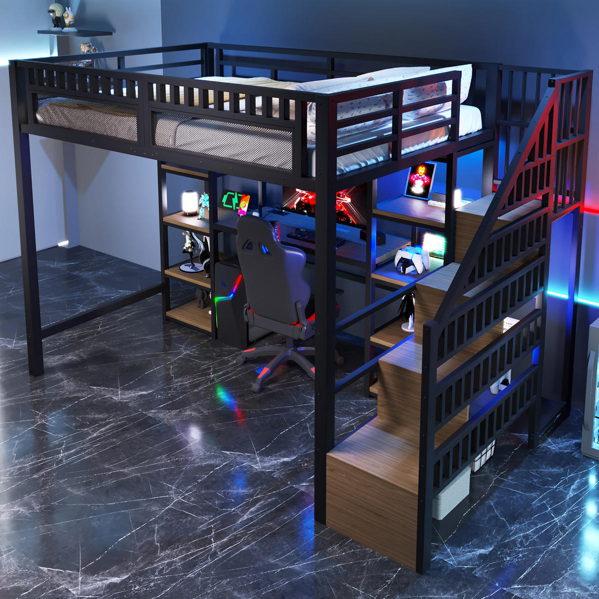 HOCHBETT 140x200cm Schwarz Mit Schreibtisch USB & LED - Schwarz, Metall - FLIEKS