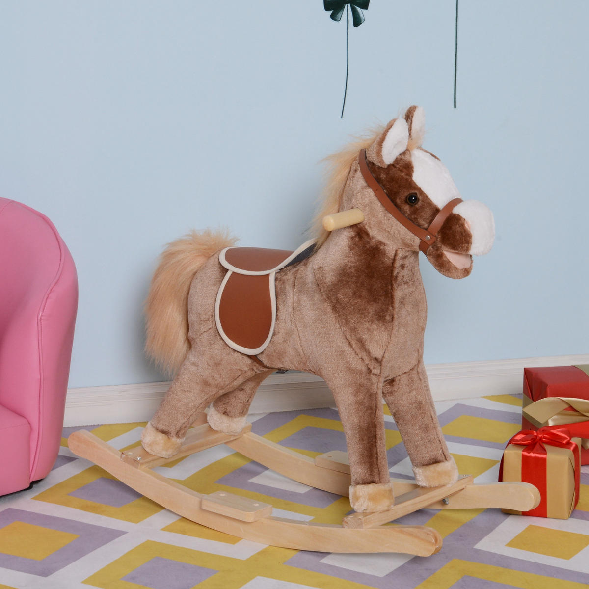 SCHAUKELPFERD DE-18227 im Cowboy-Stil, ab 36 Monaten Braun-Weiß - Braun, Holzwerkstoff (33/62/74cm) - ComfortXL