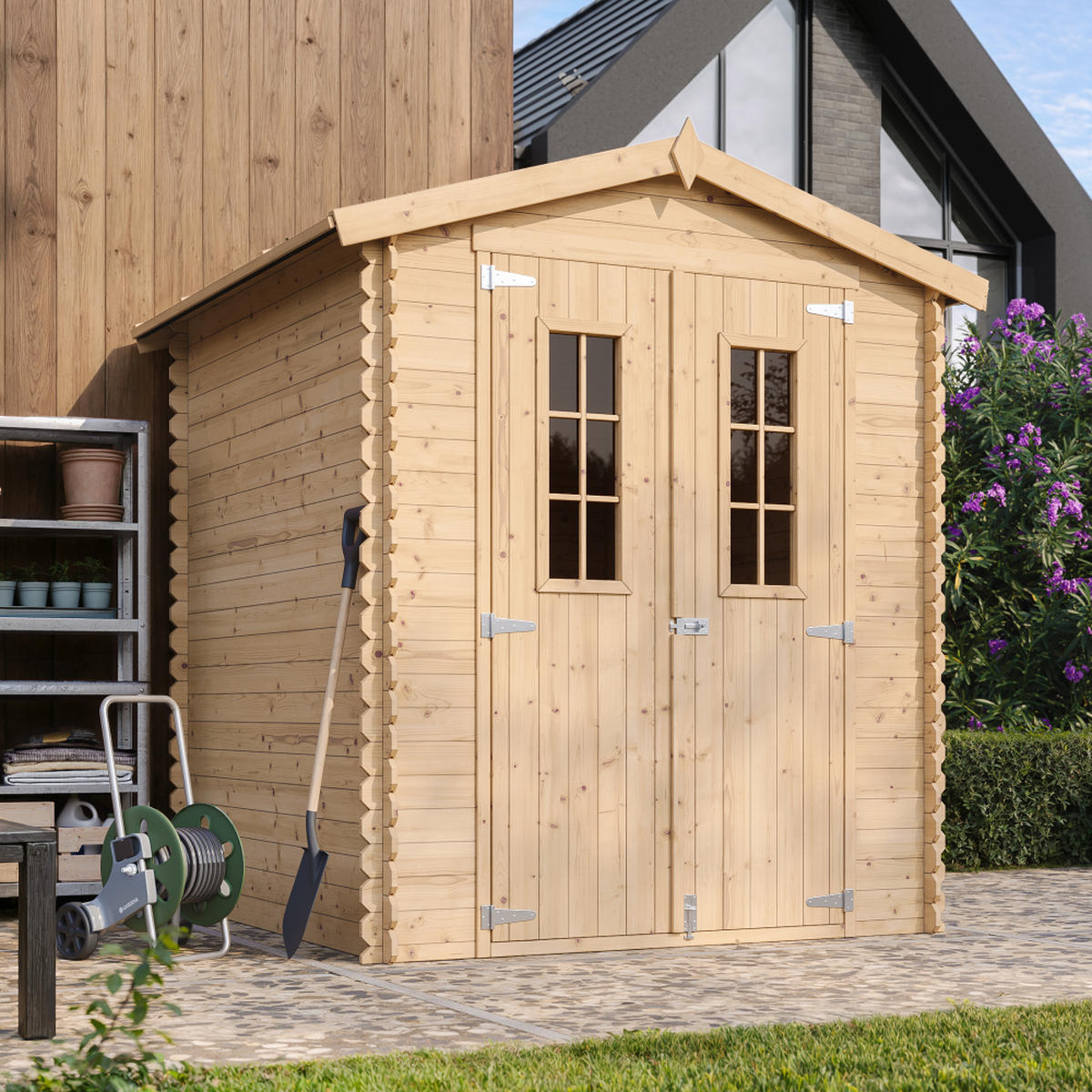 DREVENÝ záhradný domček 2,82 m² TIMBELA M320C+M320G - béžová, drevo (180/224/186cm) - Timbela