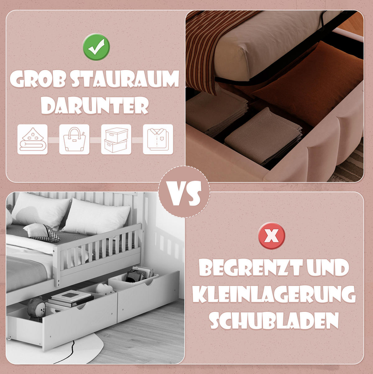 POLSTERBETT 90/200 cm Rosa aus Samt mit Stauraum - Rosa, Textil (90/200cm) - OKMYHOME