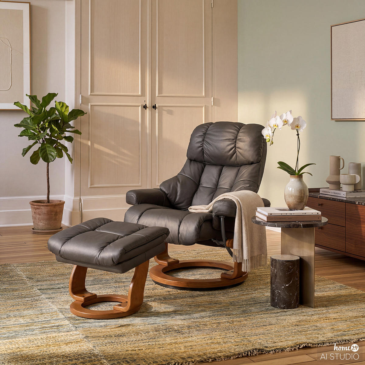 RELAXSESSEL mit Hocker - Echtleder / Kunstleder - Schlammfarben/Braun, Leder/Birkenholz (90/104/91cm) - home24