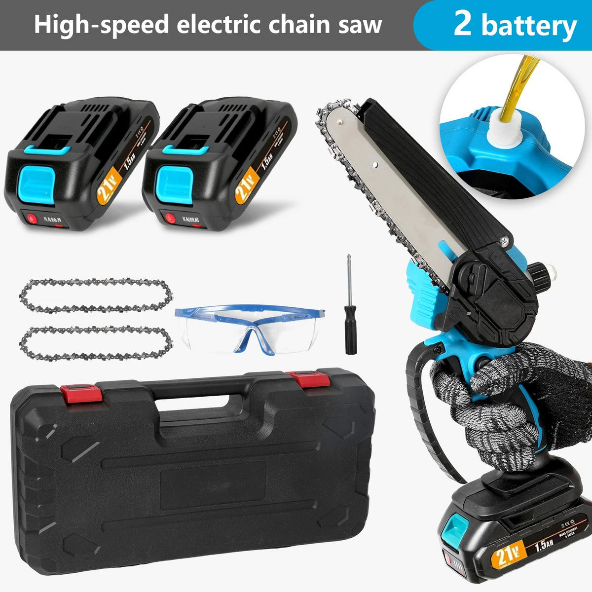 KETTENSÄGE Mini 6 Zoll Blau mit 2 × 21 V Akku automatischem Öler - Blau, Metall (15/7/40cm) - Coonoor