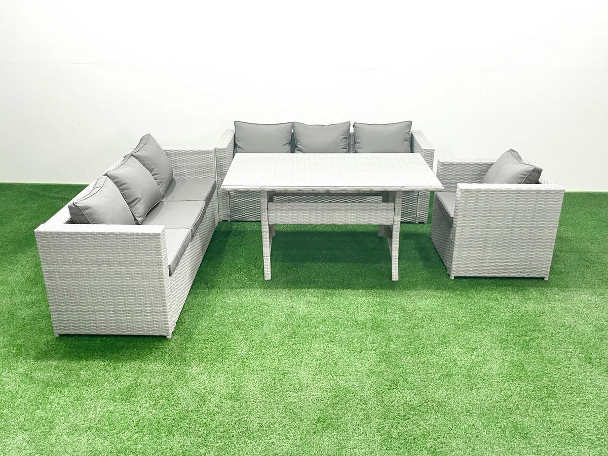 GARTENSET mit 3-Sitzer-Sofa und Sessel, Esstisch Polyrattan Hellgrau 7-Sitzer - Hellgrau/Grau, Glas/Kunststoff - Fimous