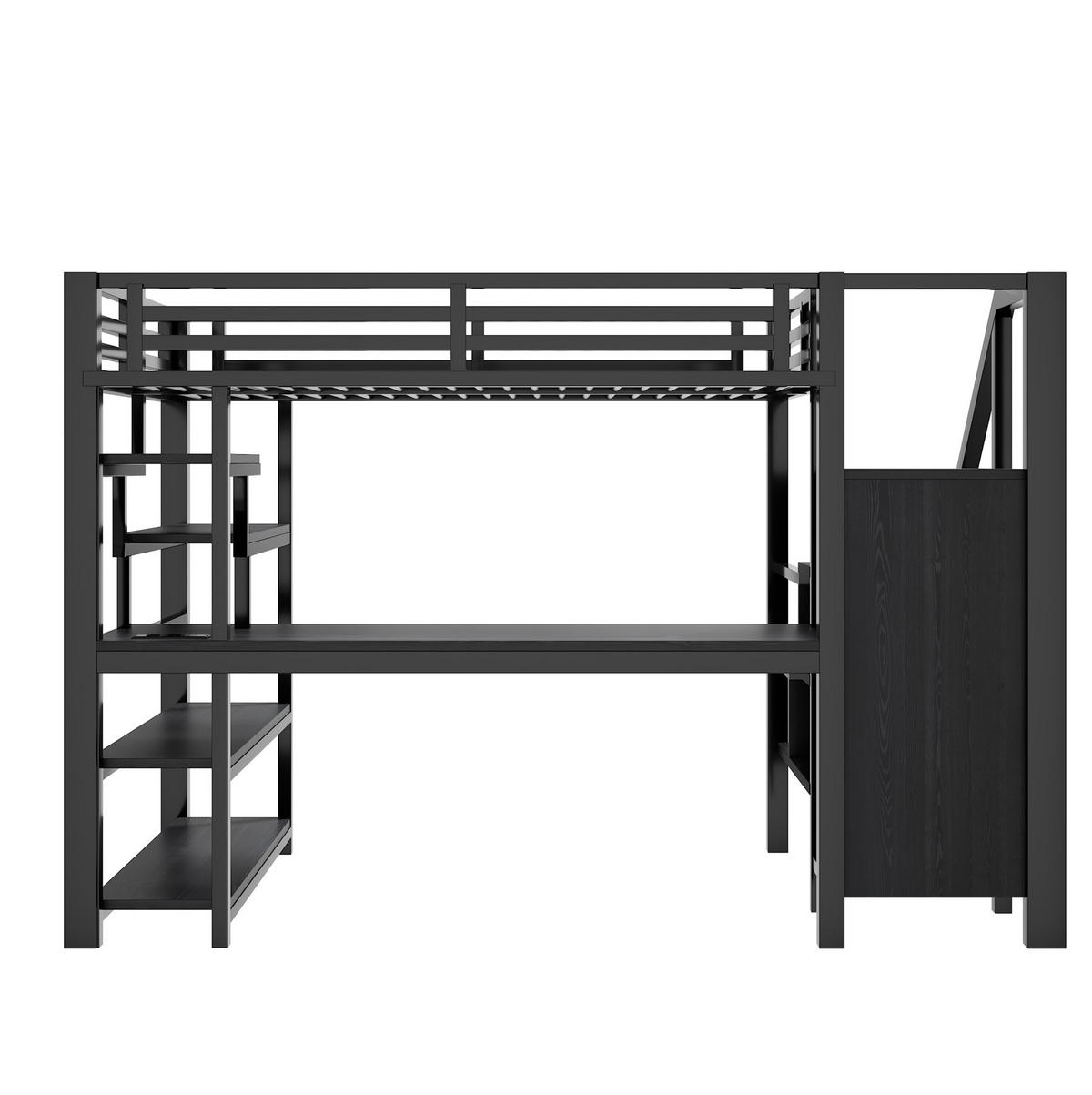 HOCHBETT 140/200 cm in Schwarz mit Schreibtisch, Treppe und offenem Kleiderschrank - Schwarz, Holzwerkstoff (140/200cm) - BEAOK