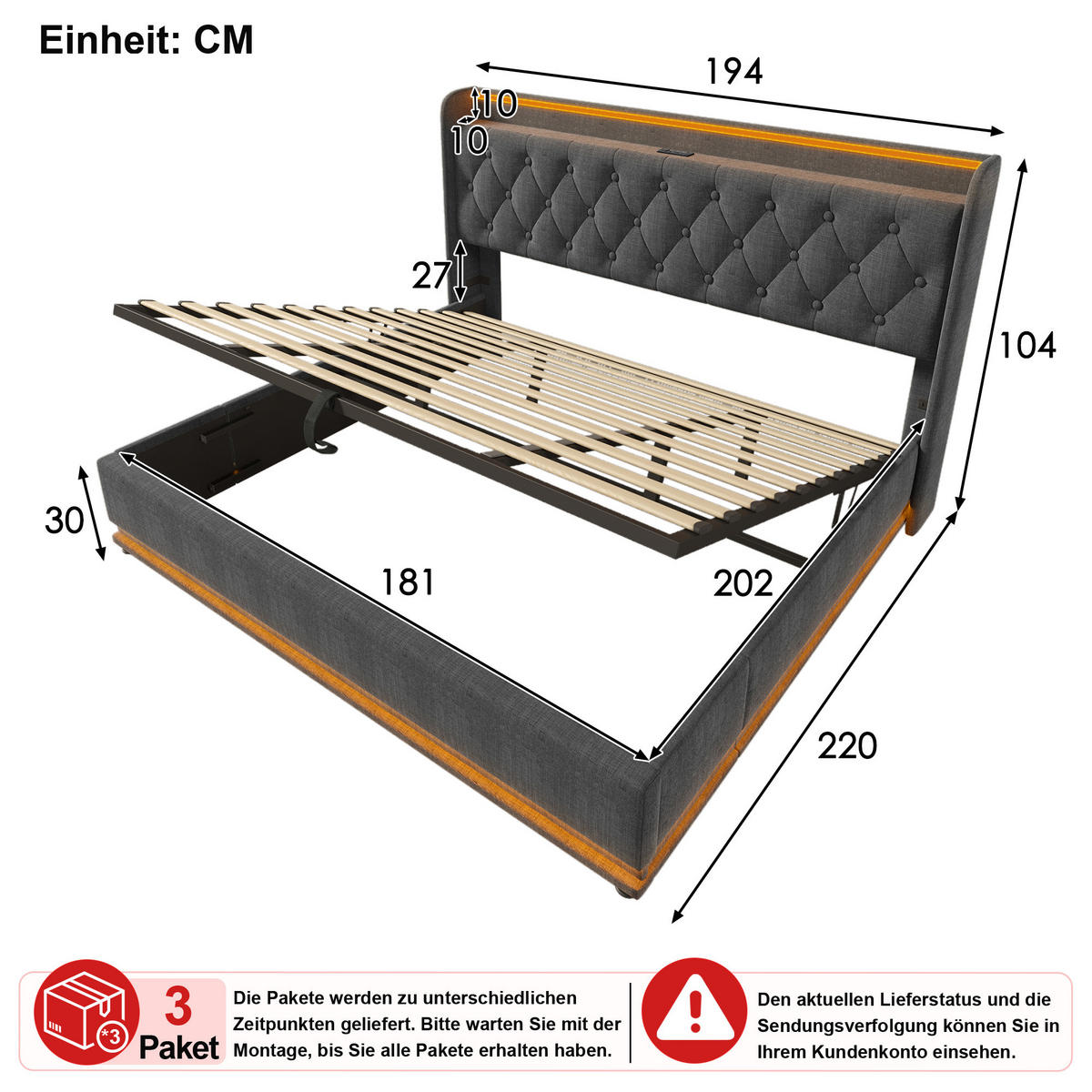 ČALOUNĚNÁ POSTEL 180 × 200 cm v šedém lnu s úložným prostorem, LED osvětlením a USB/USB-C - šedá, kov/kompozitní dřevo (180/200cm) - WISHDOR