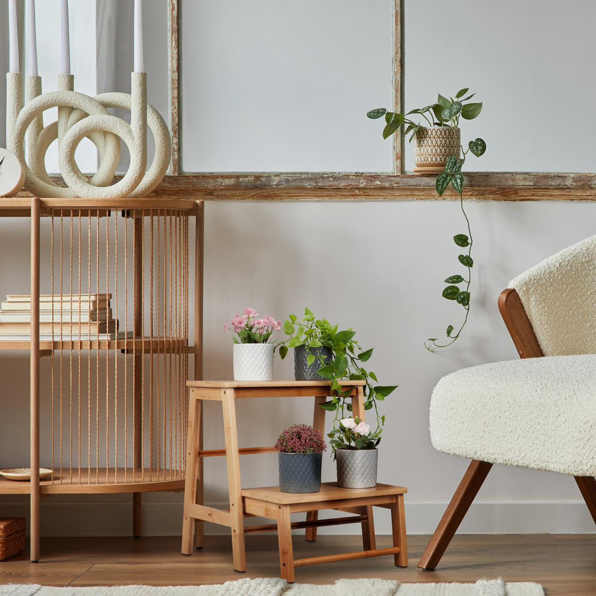 TRITTHOCKER - Hellbraun, Holz (45/48/51cm) - Relaxdays