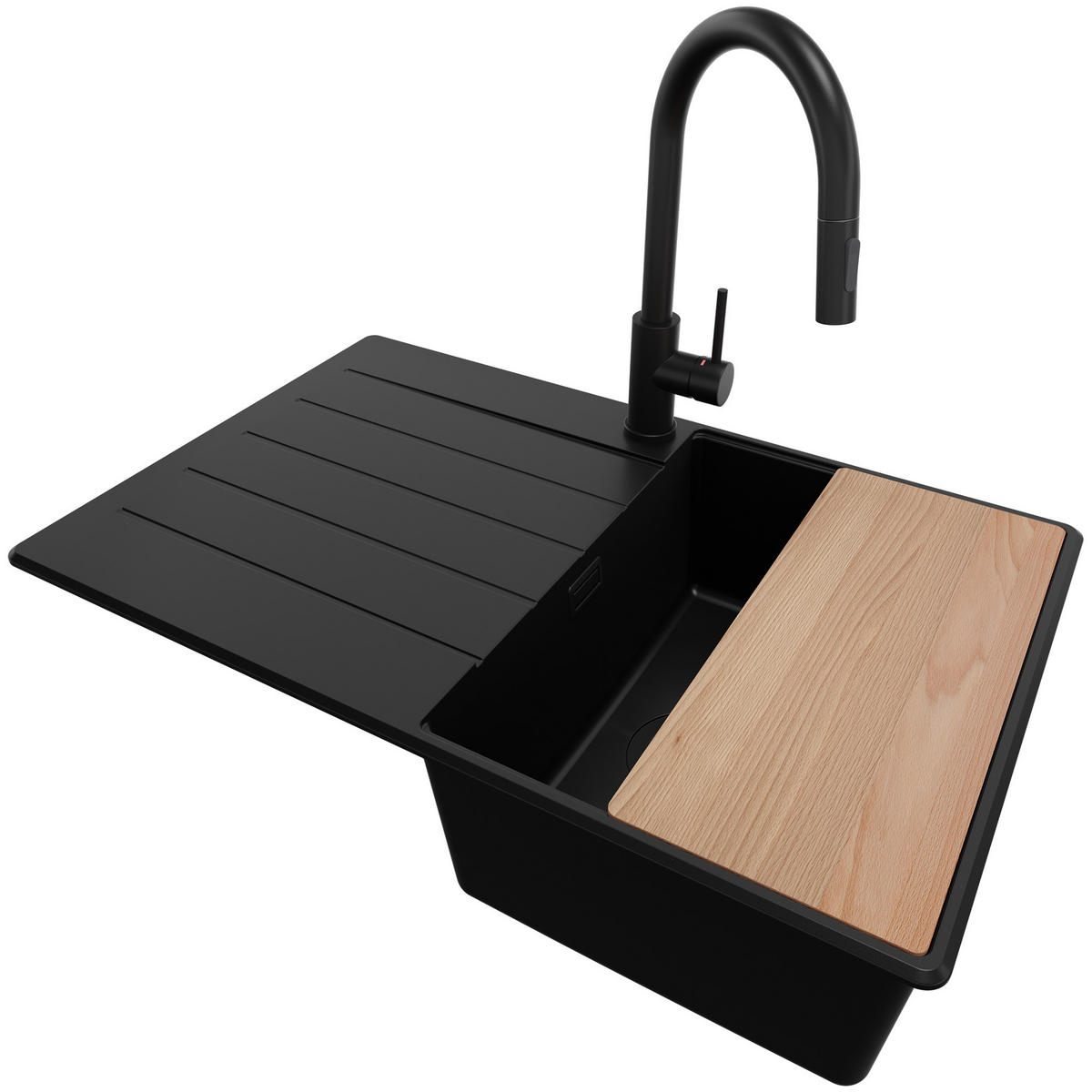 GRANITSPÜLE Kopenhagen, 2-er set Alles Schwarz 78/50 cm 1 Becken + Küchenarmatur 40/20 cm + Ablauf-Set + Schneidebrett ab 45er Unterschrank - Beige/Schwarz, Kunststoff (78/20/50cm) - Primagran