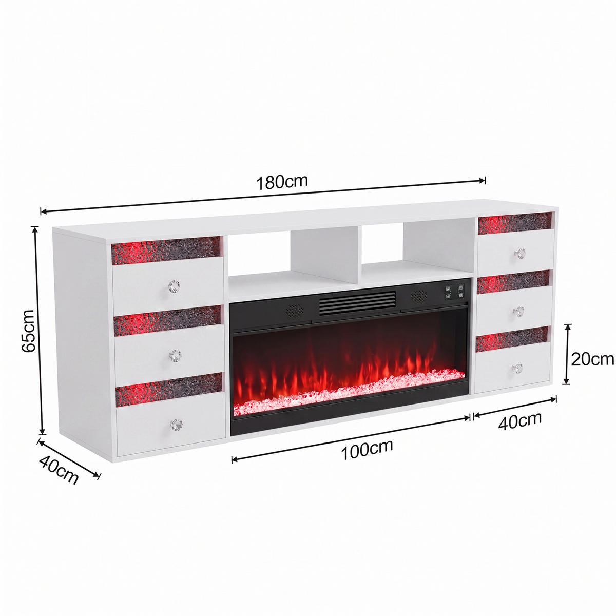 TV-SCHRANK mit Elektrokamin Beleuchtung RGB Lowboard 6 Schubladen Weiβ 180/40/65CM - Weiß, Metall (180/65/40cm) - VANITII