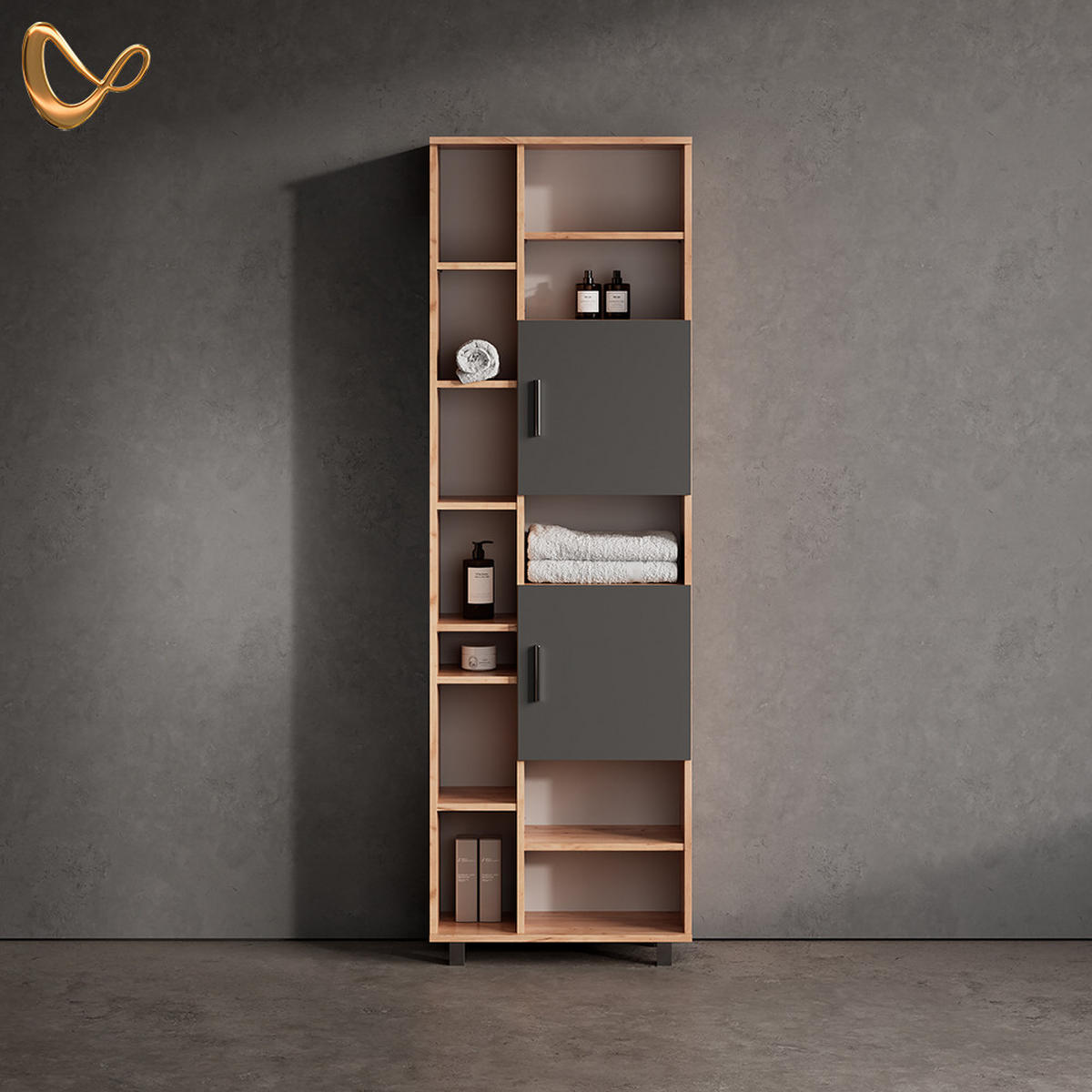 BADSCHRANK Eisak Goldkraft Eiche 60 x 190 cm - Honigeiche/Braun, Holzwerkstoff (60/190/30cm) - Livinity®