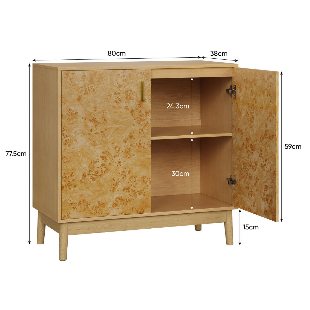 SIDEBOARD Gelb mit Baumknoten-Struktur, goldener Griff, MDF/Holz, verstellbare Einlegeböden, 80/38/77,5 cm, Gelb - Gelb, Holzwerkstoff (80/77.5/38cm) - Redom