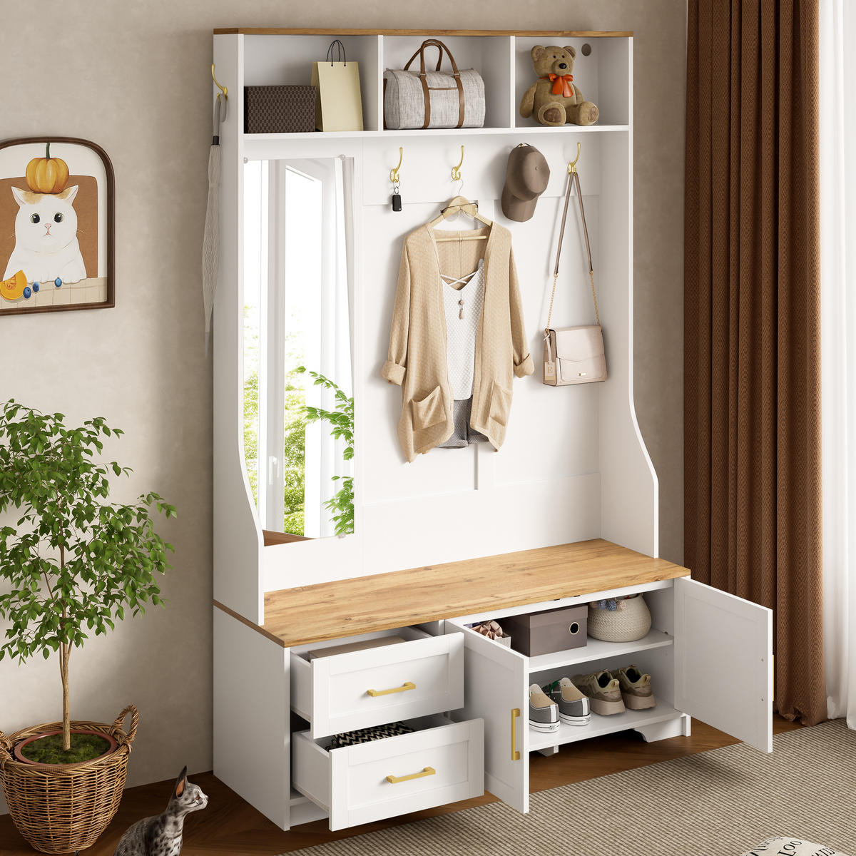 GARDEROBE-SET in Weiß Garderobenschrank mit Spiegel und LED-Beleuchtung für Eingangsbereich und Flur, B120/T40/H187 cm - Weiß/Naturfarben, Glas/Holzwerkstoff (120/187/40cm) - STILVORA