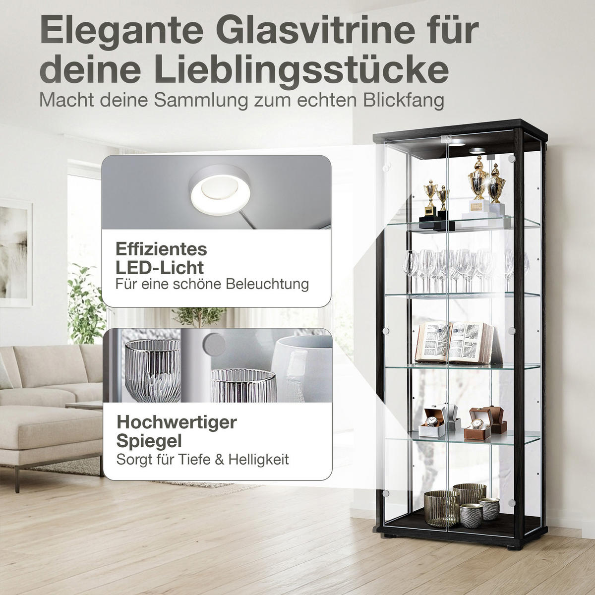 GLASVITRINE 33/67/176 cm mit Spiegel, LED, Schloss & 4 höhenverstellbaren Glasböden - Transparent/Silberfarben, Glas/Holzwerkstoff (67/176/33cm) - K-Möbel