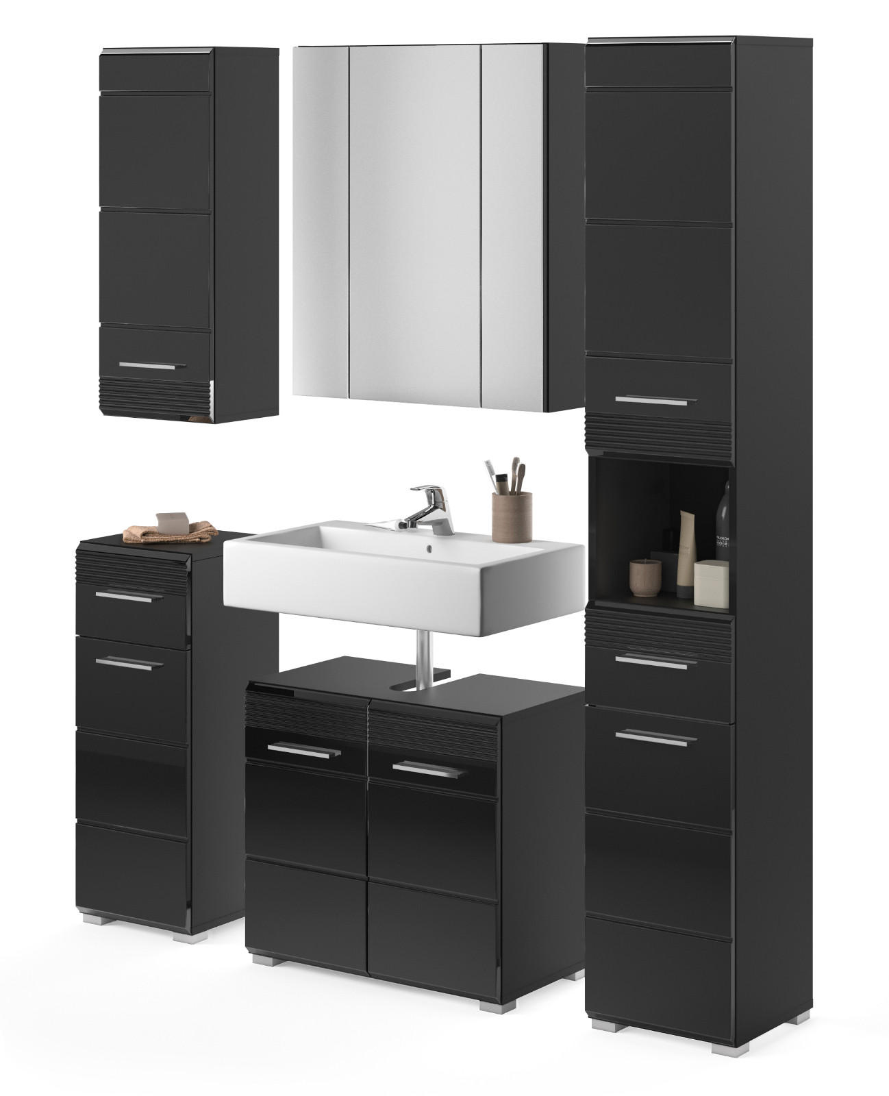 BADMÖBEL-SET in schwarz Hochglanz, 5-teilig 150 cm, Badkombination - Schwarz, Glas/Holzwerkstoff (150/182/34cm) - Inn.Furn