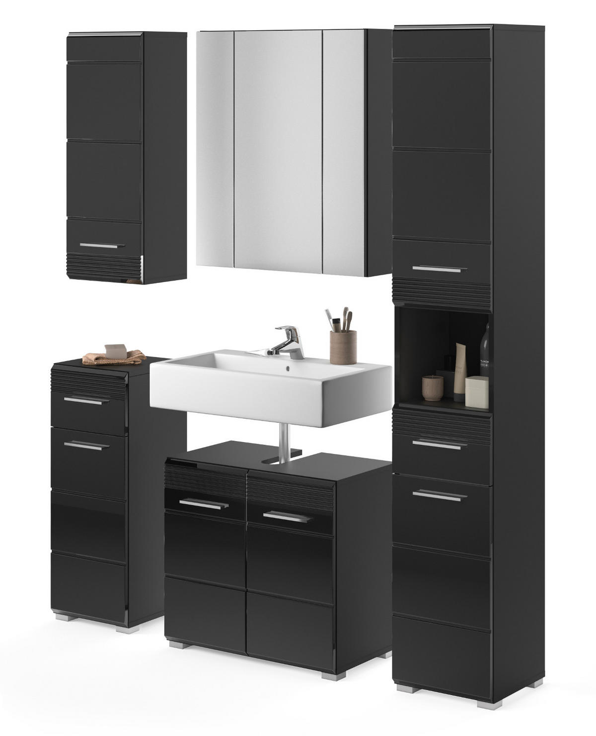 BADMÖBEL-SET in schwarz Hochglanz, 5-teilig 150 cm, Badkombination - Schwarz, Glas/Holzwerkstoff (150/182/34cm) - Inn.Furn