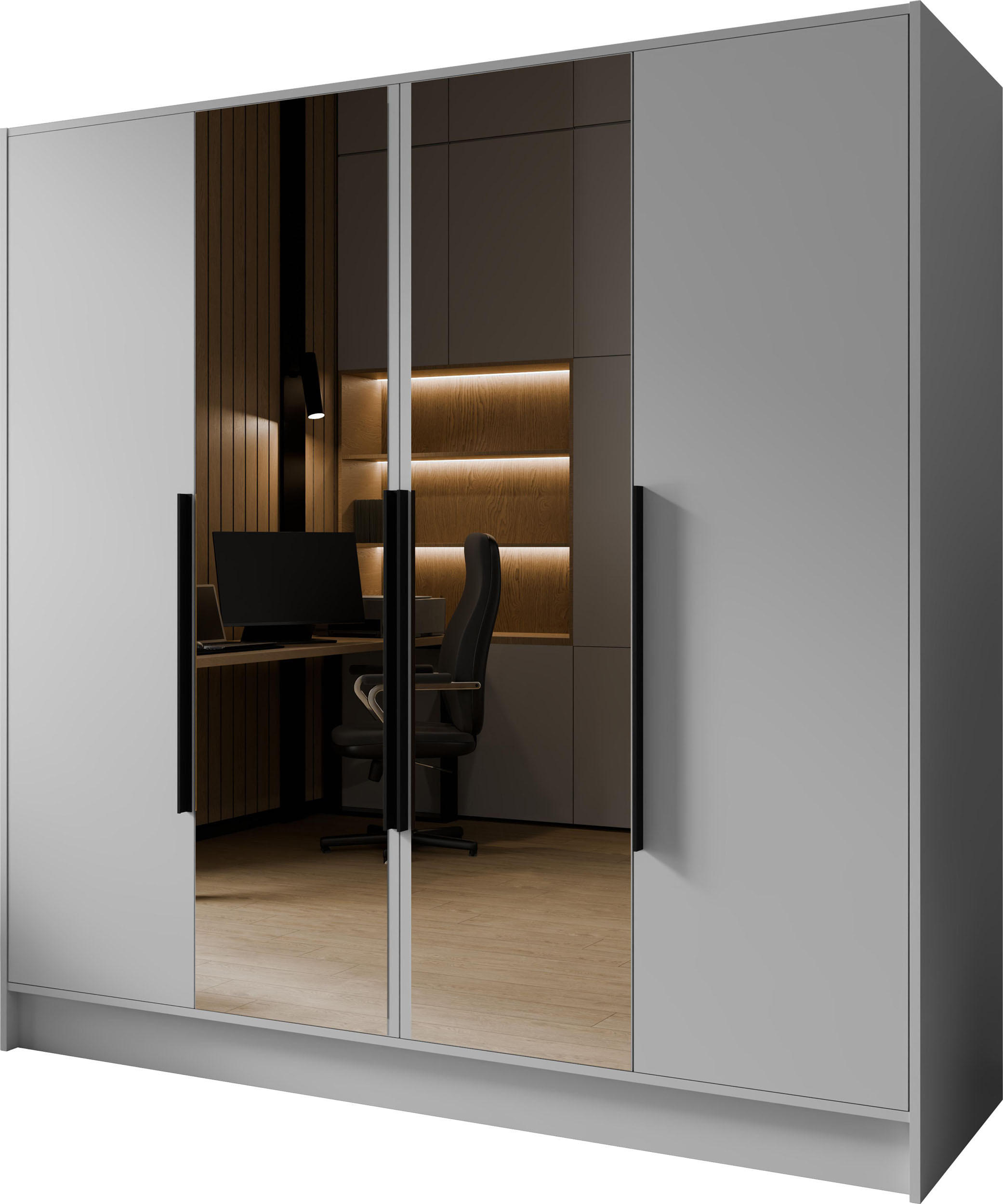 KLEIDERSCHRANK Mono Lux mit Speigel, Drehtüren mit Schwarze Metallgriffe, Weiß 200/200/51 cm - Weiß, Holzwerkstoff (200/200/51cm) - WFL GROUP