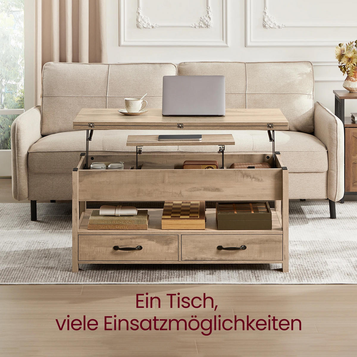 COUCHTISCH 100x64x50 höhenverstellbar Gas 2 Schubladen - Eichefarben, Holz (100/50/64cm) - Kaket
