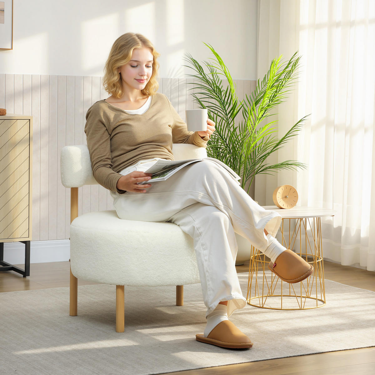 RELAXSESSEL DE-06550 Sherpa-Fleece, Metallbeine in Holzoptik Cremeweiß - Creme, Holz/Textil (67/71/67cm) - ComfortXL